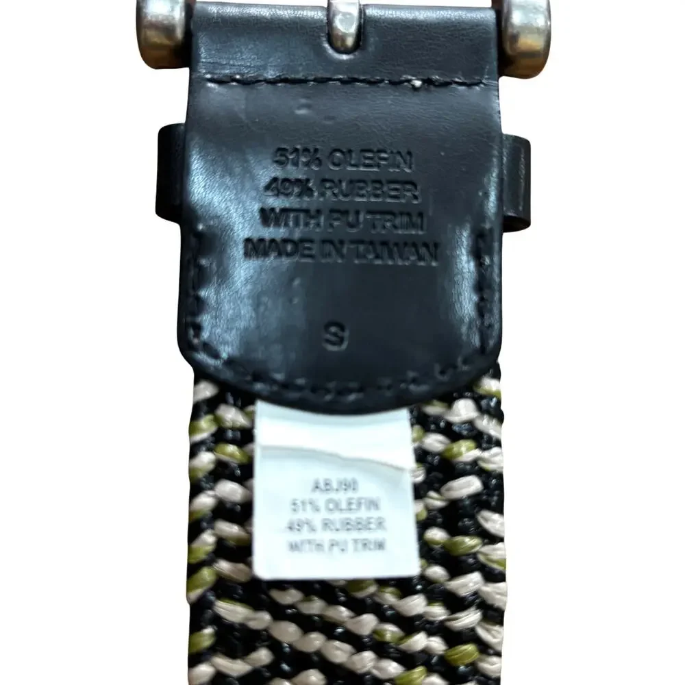 Woven belt with silvertone buckle black khaki & tan stretch casual geometric S